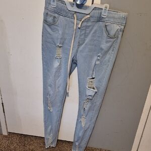 Light Blue Distressed Women's Jeans With Elastic Waistband Size 2XL